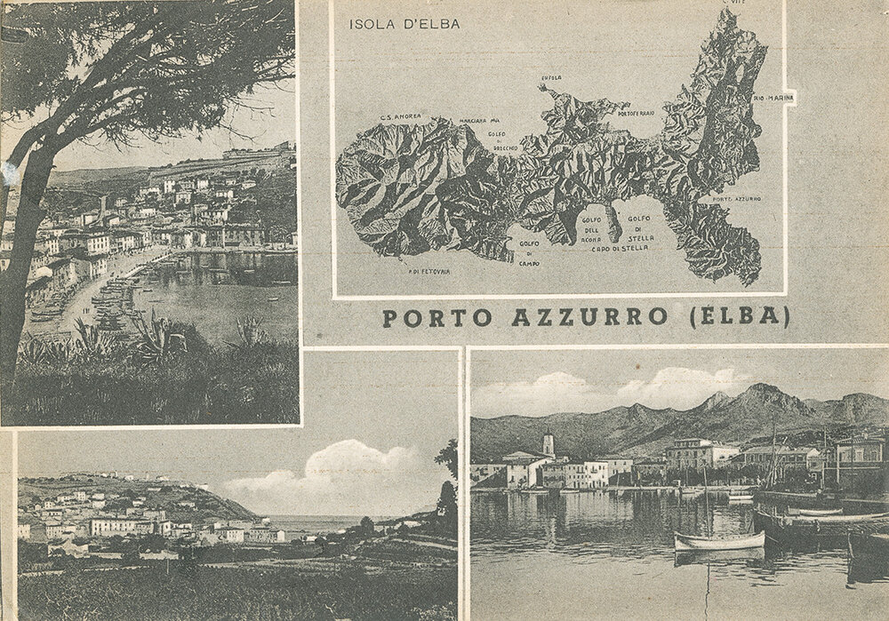 Composizione di immagini di Porto Azzurro e mappa dell'Elba