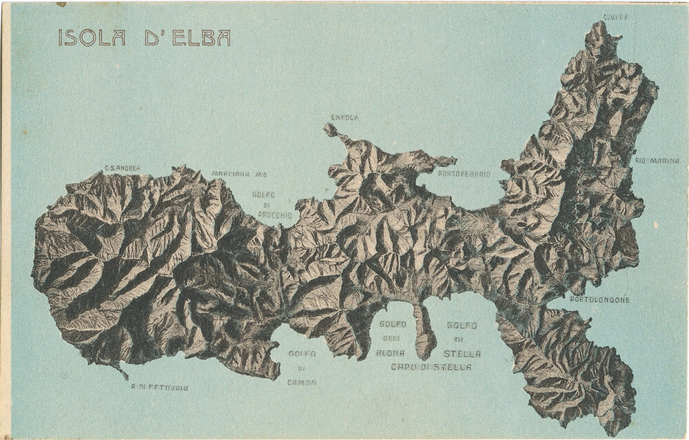 Mappa dell'Elba con rilievi montuosi e toponimi
